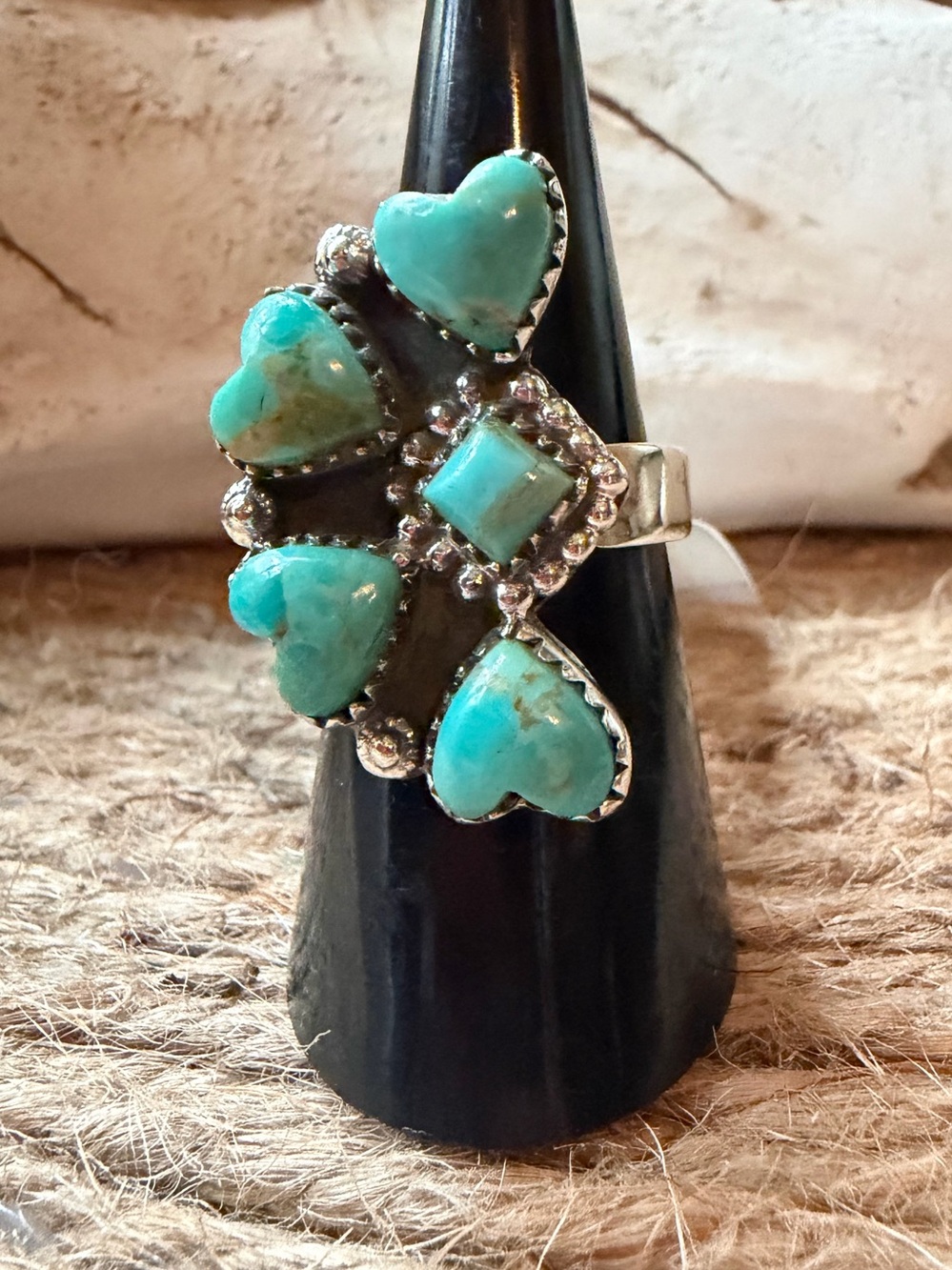 Mohave Turquoise Heart Cluster Sterling Ring - Blue Green